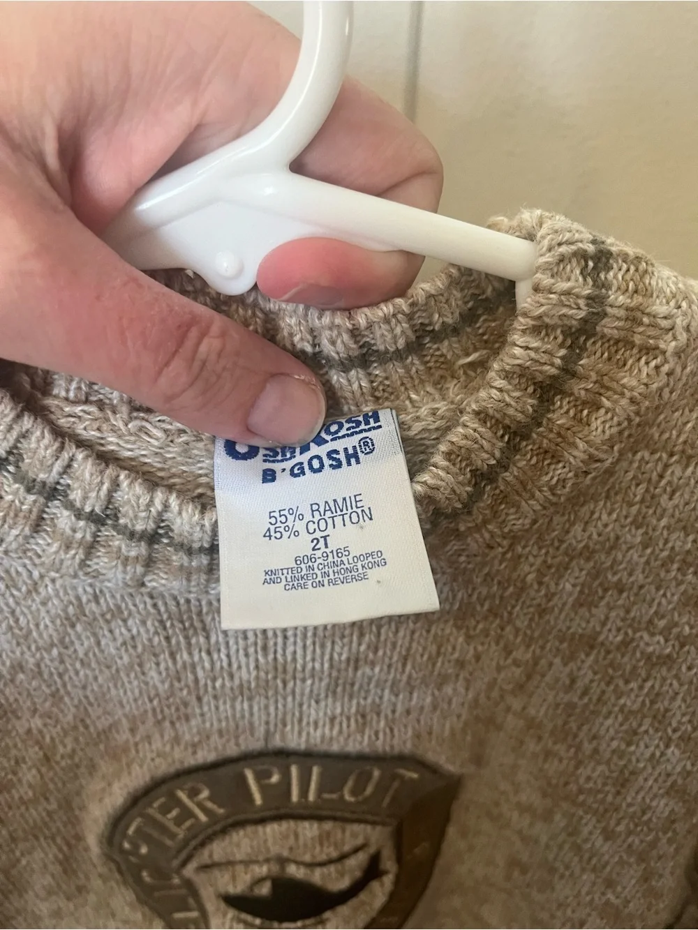 Vintage Oshkosh B'gosh Heather Beige Knit Sweater with Patch Helicopter Pilot